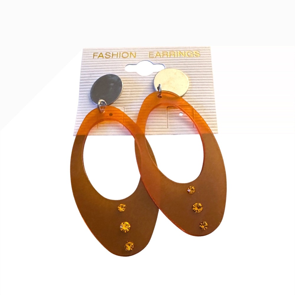 NWT Orange Acrylic Oval Hoop‎ Drop Earrings Rhinestone Accents Retro Statement